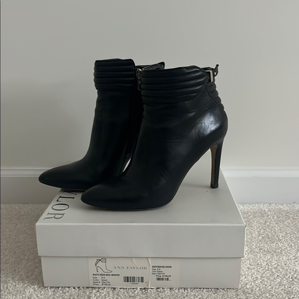 Ann Taylor Black Leather Quilted-Cuff Ankle Boots